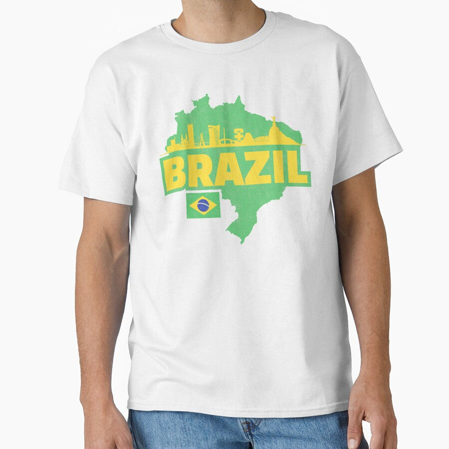Retro Brazil Map, Flag, and Skyline by UNK-Fatigues Unisex T-shirt, Sweatshirt, Hoodie, Long Sleeve Tee - T-Shirt, Sweatshirt, Hoodie