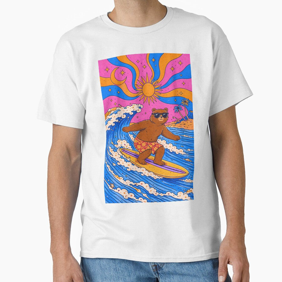 Cool Surfing Bear with Sunglasses  Funny Psychedelic Surf Art by DrizzyV Unisex T-shirt, Sweatshirt, Hoodie, Long Sleeve Tee - T-Shirt, Sweatshirt, Hoodie