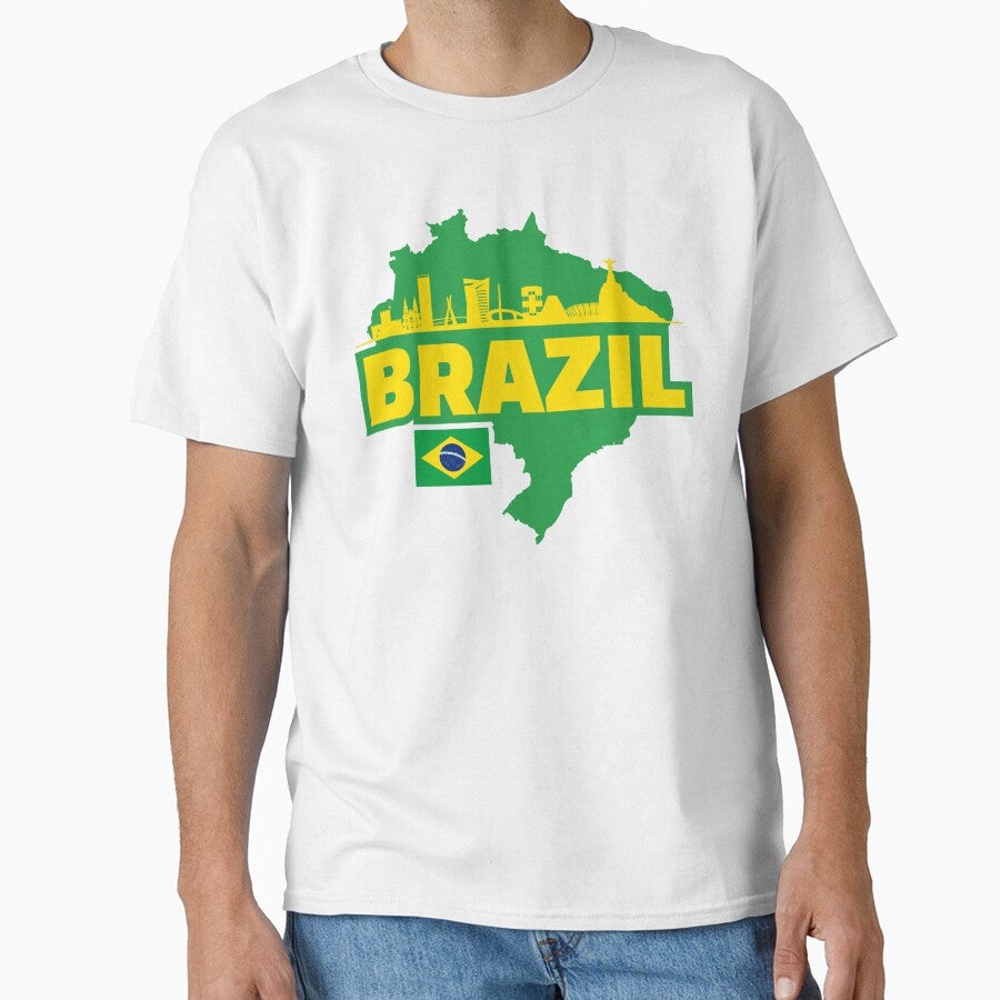 Brazil Map, Flag, and Skyline by UNK-Fatigues Unisex T-shirt, Sweatshirt, Hoodie, Long Sleeve Tee - T-Shirt, Sweatshirt, Hoodie