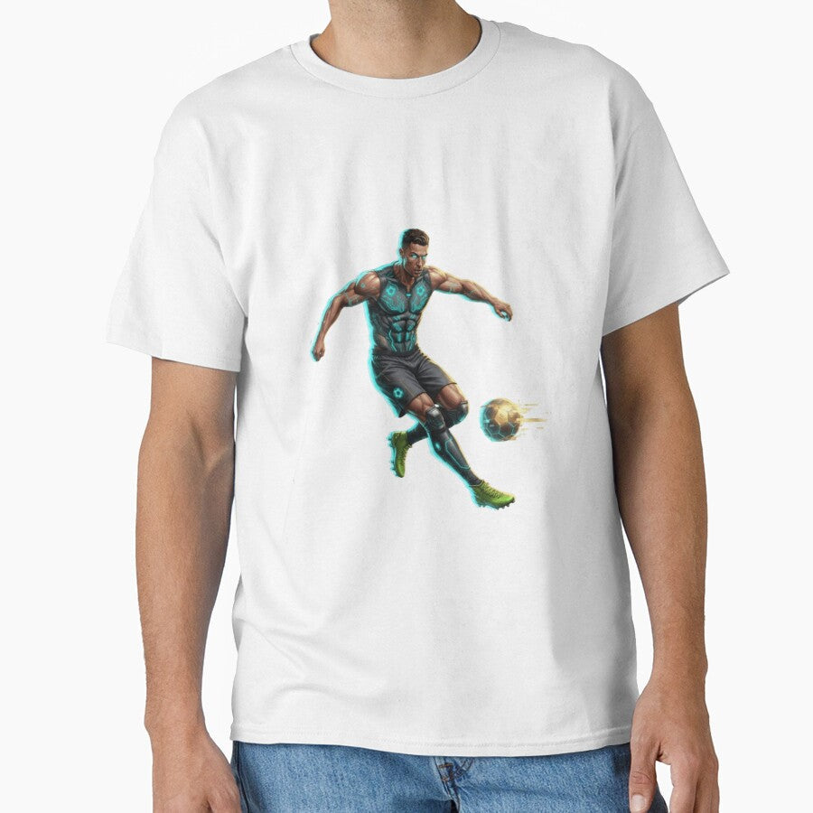 Cyberpunk Cristiano Ronaldo: Futuristic CR7 Kicking Glowing Soccer Ball Fan Art by Scorpio Art - T-Shirt, Sweatshirt, Hoodie