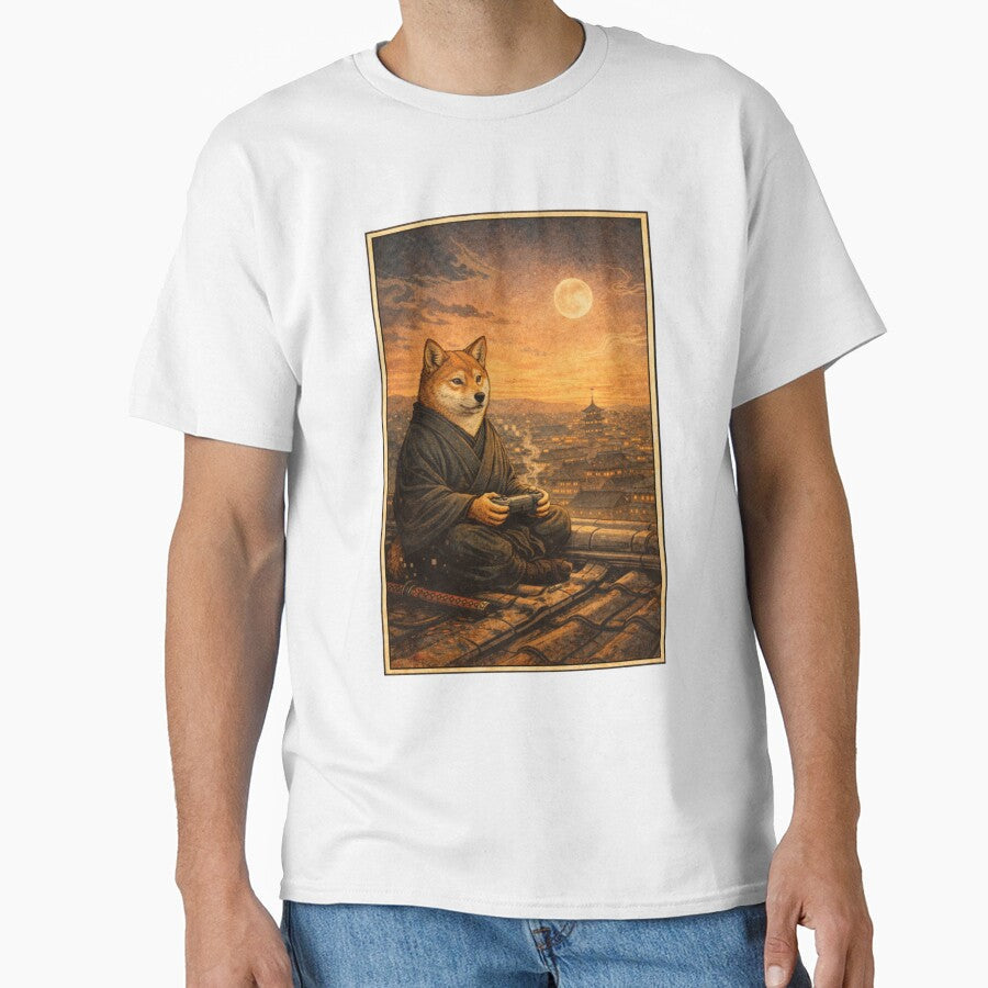 Zen Gamer Under the Moon  Samurai Shiba Inu Gaming Art by VireonTees Unisex T-shirt, Sweatshirt, Hoodie, Long Sleeve Tee - T-Shirt, Sweatshirt, Hoodie