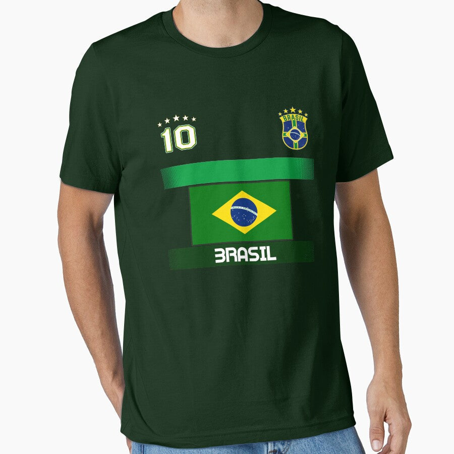 Brazil Soccer Shirt with Flag, Shield and Number 10 by fermo Unisex T-shirt, Sweatshirt, Hoodie, Long Sleeve Tee - T-Shirt, Sweatshirt, Hoodie