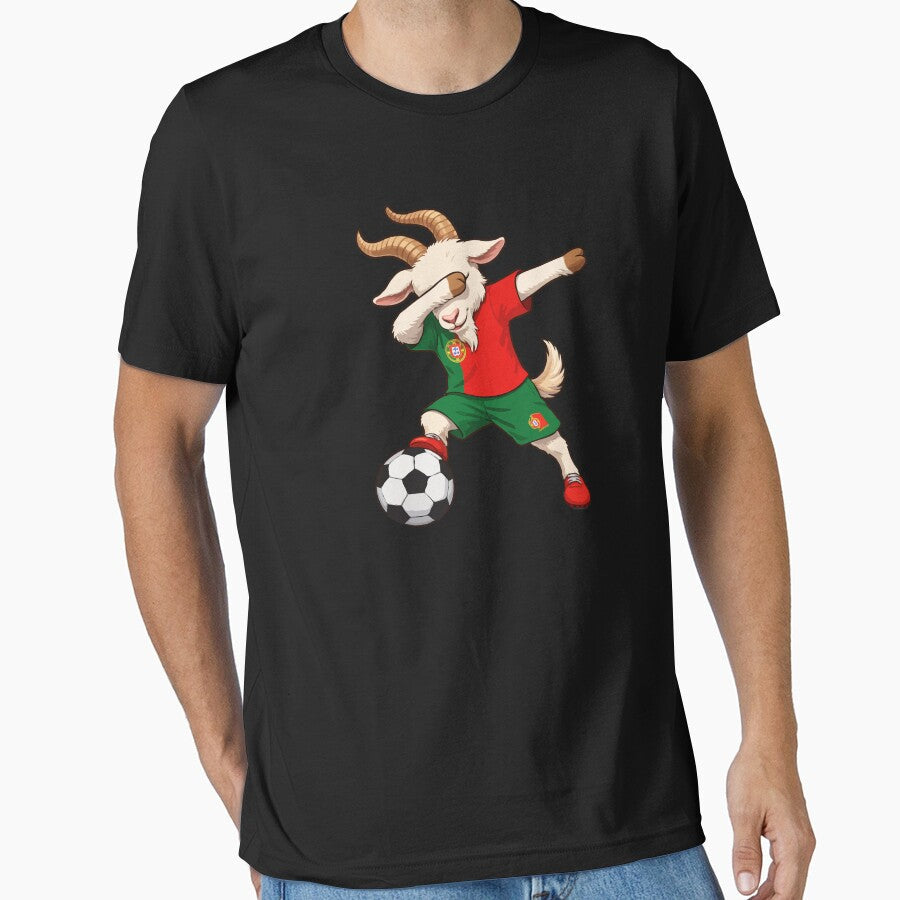 Dabbing Goat Playing Soccer  Funny Football Mascot Portugal Fan Art | World Cup 2026 Vibes by BrainBubbleArt - T-Shirt, Sweatshirt, Hoodie