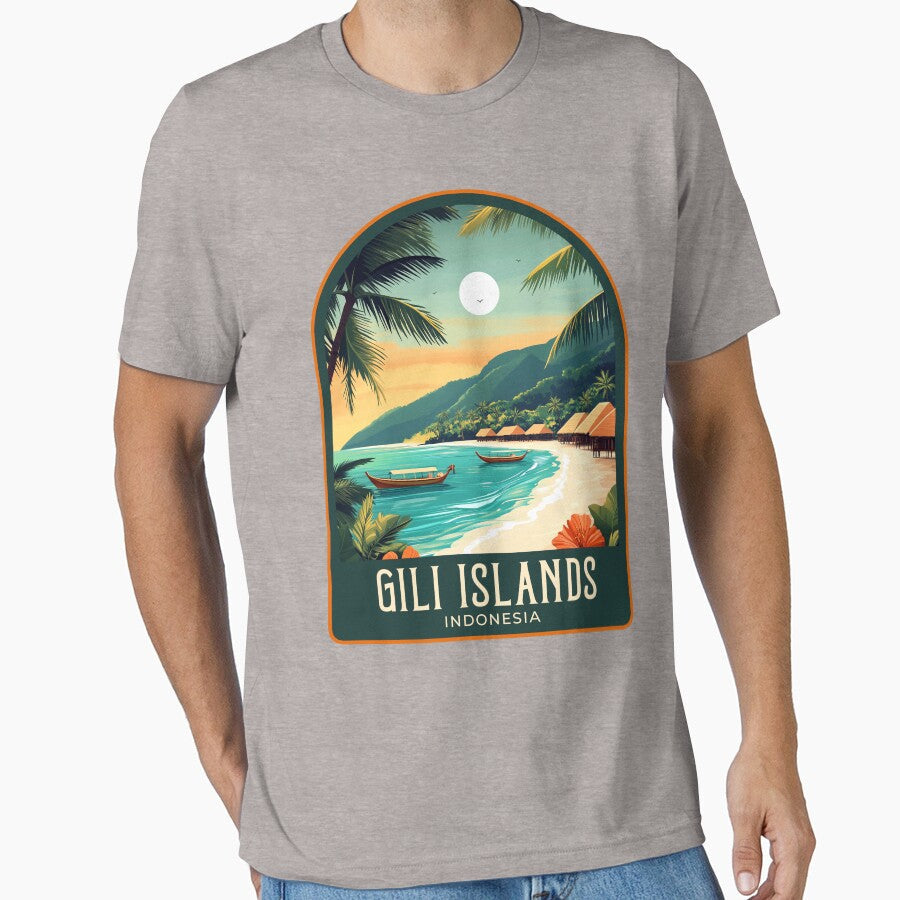 Gili Islands Vintage Travel Illustration by HomeLivingCo Unisex T-shirt, Sweatshirt, Hoodie, Long Sleeve Tee - T-Shirt, Sweatshirt, Hoodie