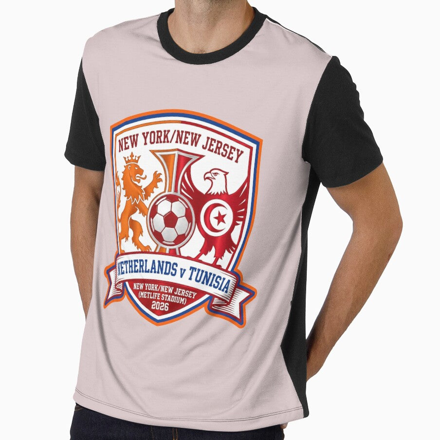 Netherlands vs Tunisia Soccer Match 2026 Emblem Design by Pride Emblem Prints Unisex T-shirt, Sweatshirt, Hoodie, Long Sleeve Tee - T-Shirt, Sweatshirt, Hoodie