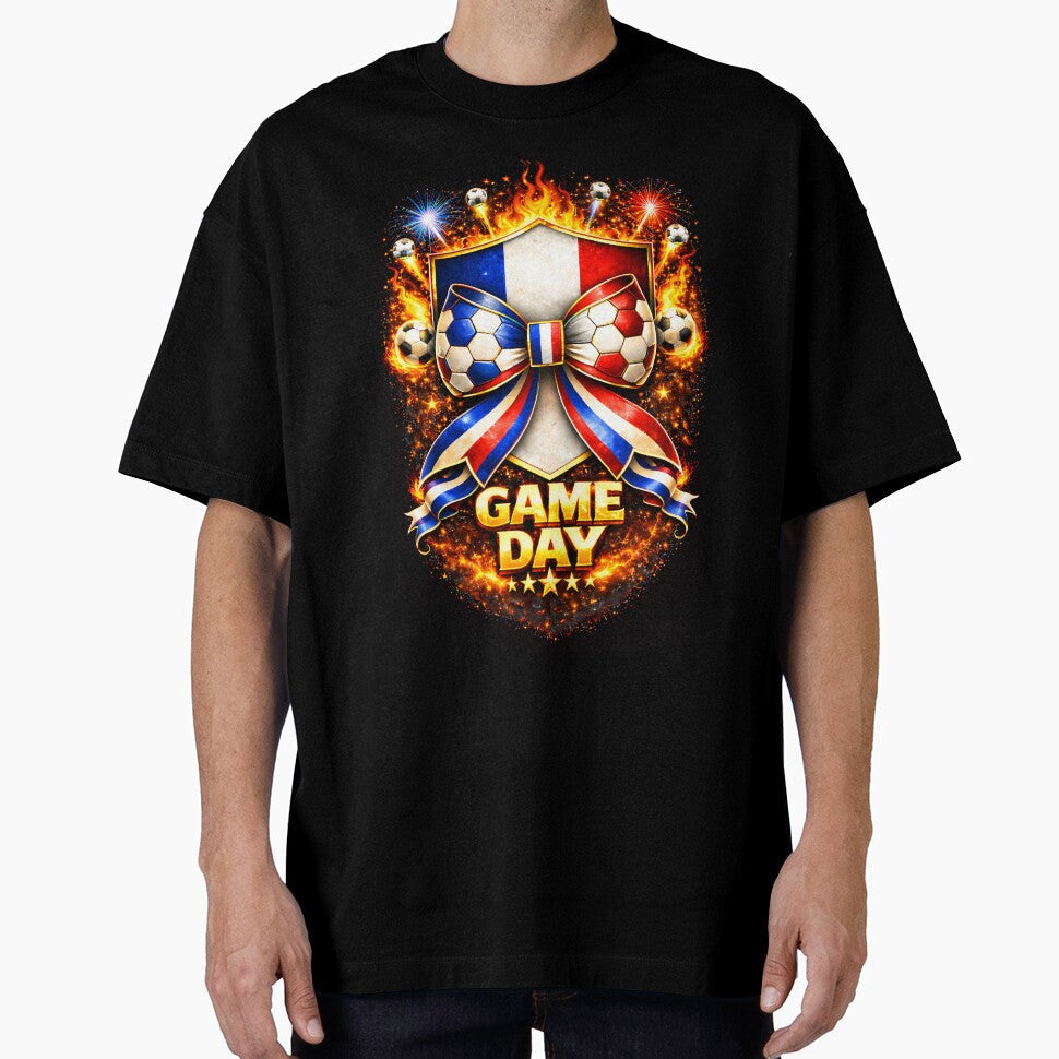 France Soccer Game Day Flaming Tricolor Crest Bow Graphic by MuniraWearify Unisex T-shirt, Sweatshirt, Hoodie, Long Sleeve Tee - T-Shirt, Sweatshirt, Hoodie