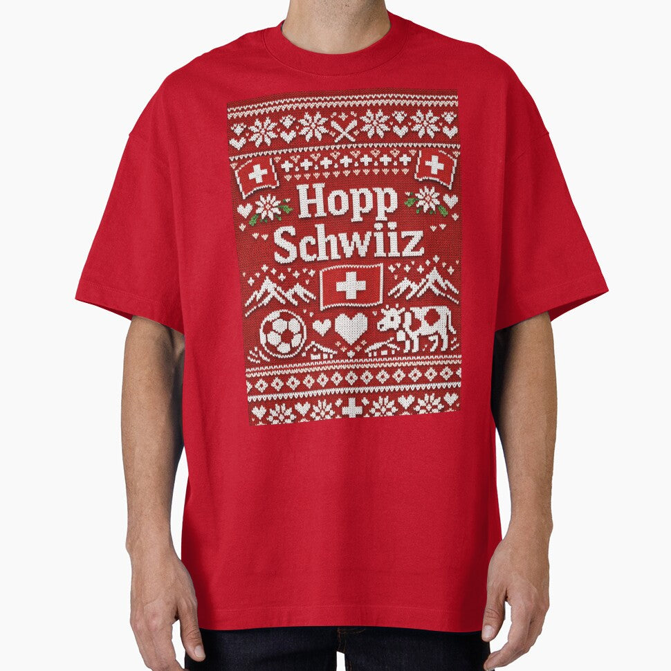 Hopp Schwiiz knitting design with cow and mountains by Mauswohn Unisex T-shirt, Sweatshirt, Hoodie, Long Sleeve Tee - T-Shirt, Sweatshirt, Hoodie