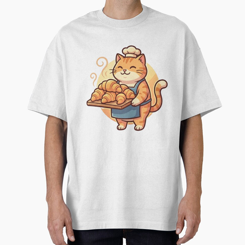 Cute Cat Baker with Croissants - Kawaii Pastry Chef Kitty Illustration by HappySproutArt Unisex T-shirt, Sweatshirt, Hoodie, Long Sleeve Tee - T-Shirt, Sweatshirt, Hoodie