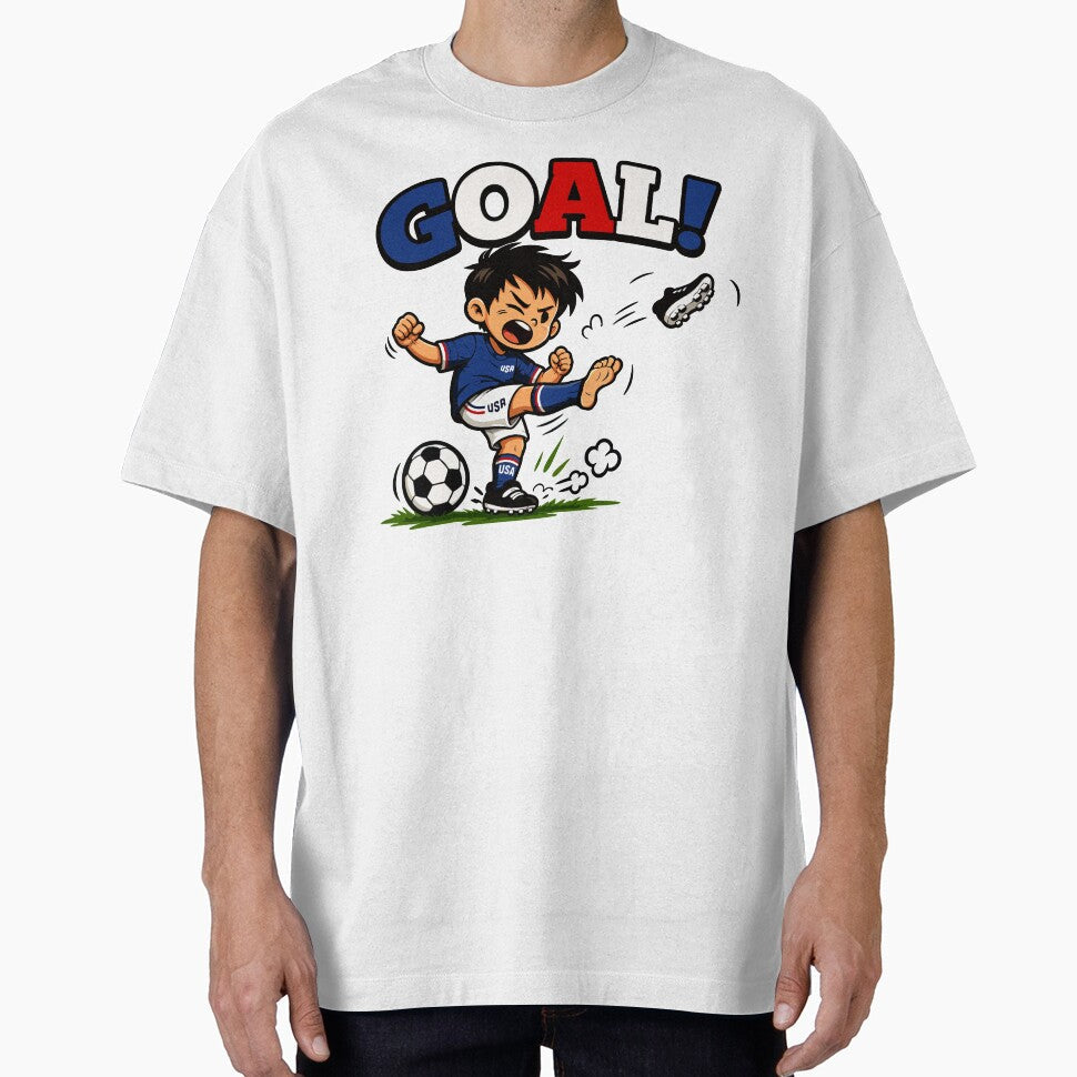 GOAL! USA Soccer Kid  Funny Cartoon American Football Boy Kicking Ball Youth Soccer Shirt by Mikoff04-arts - T-Shirt, Sweatshirt, Hoodie