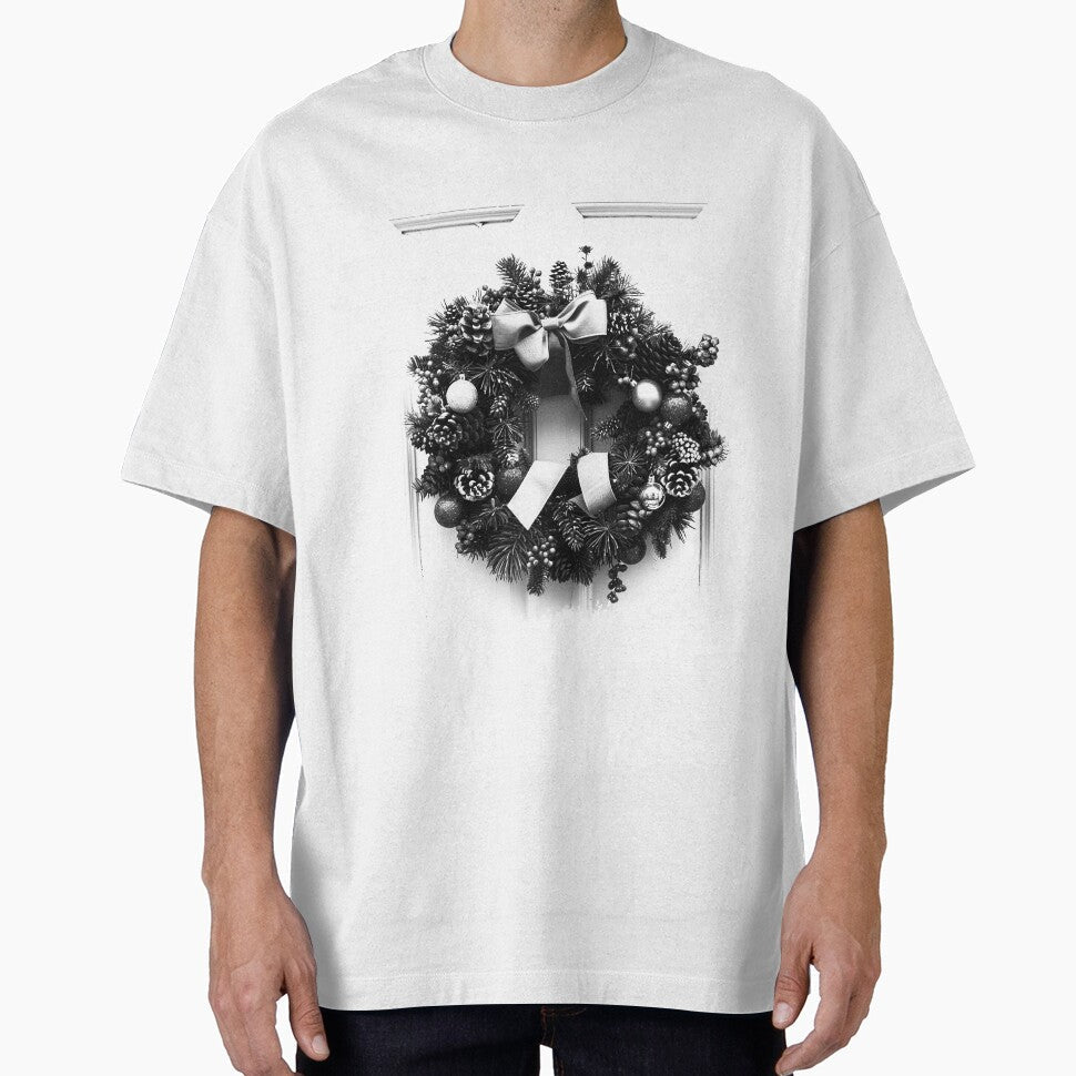 Christmas Wreath on Door  Elegant Black and White Holiday Decor Illustration by inkoutninja - T-Shirt, Sweatshirt, Hoodie