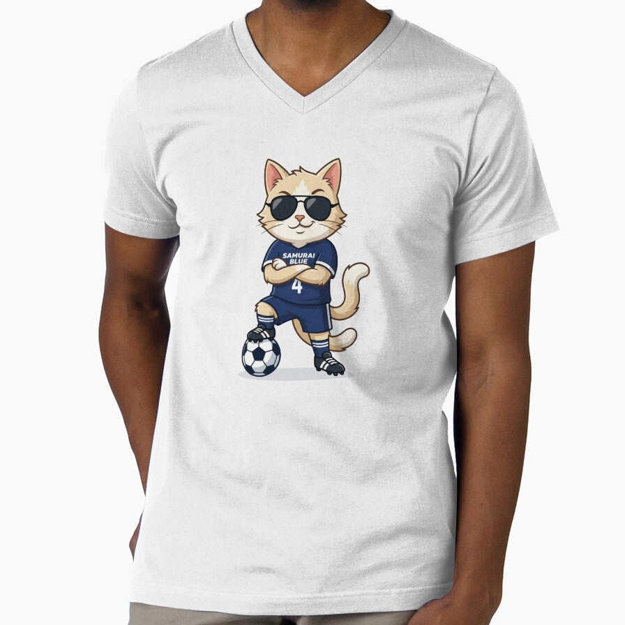 Japan Soccer Cat Cool Pose  Samurai Blue Number 4 Cartoon by David Mateo ArtWorks Unisex T-shirt, Sweatshirt, Hoodie, Long Sleeve Tee - T-Shirt, Sweatshirt, Hoodie