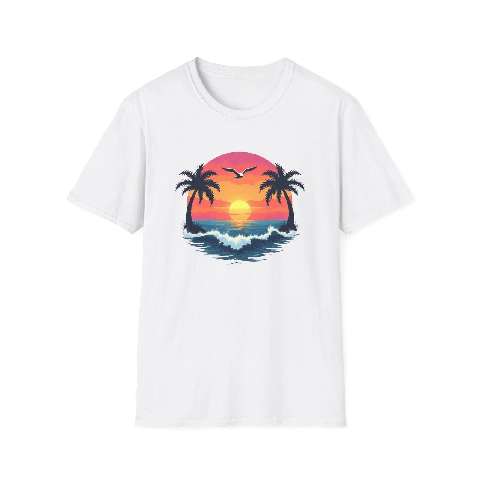 Tropical Sunset Palm Trees T-Shirt | Beach Wave Sun Scene Unisex T-shirt, Sweatshirt, Hoodie, Long Sleeve Tee - T-Shirt, Sweatshirt, Hoodie