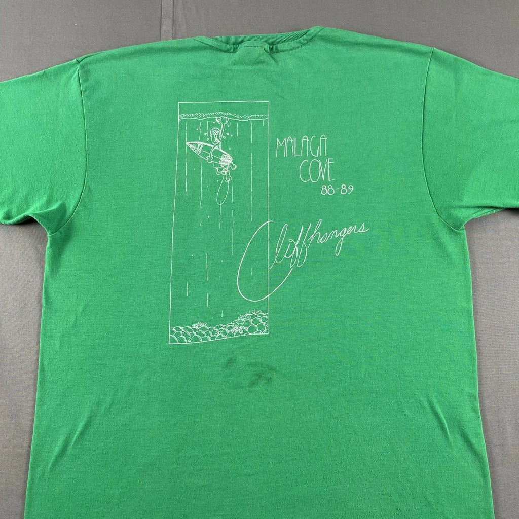 Vintage 80s Malaga Cove Cliffhangers Surf T Shirt Green Hanes Beefy T Size L Unisex T-shirt, Sweatshirt, Hoodie, Long Sleeve Tee - T-Shirt, Sweatshirt, Hoodie