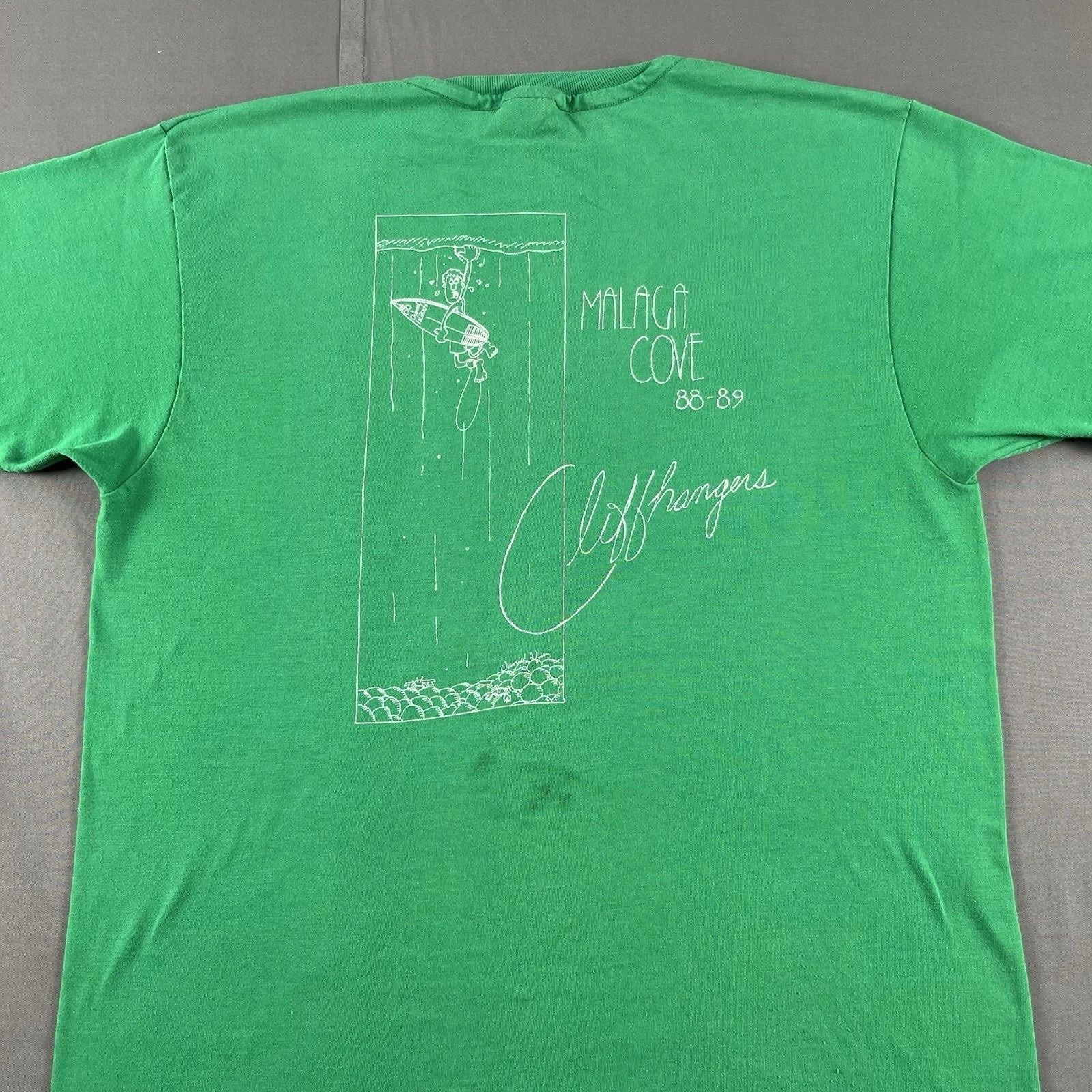 Vintage 80s Malaga Cove Cliffhangers Surf T Shirt Green Hanes Beefy T Size L Unisex T-shirt, Sweatshirt, Hoodie, Long Sleeve Tee - T-Shirt, Sweatshirt, Hoodie