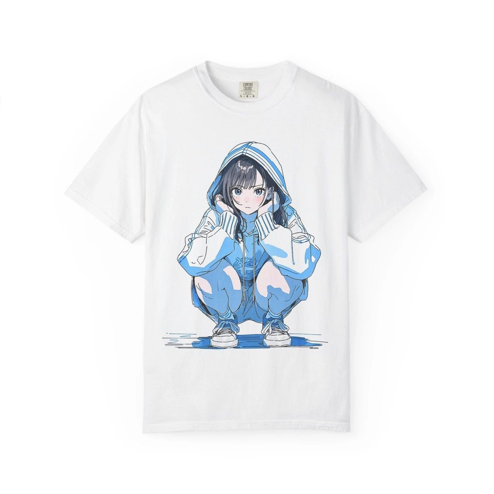 Anime-Style Unisex T-Shirt with Stylish Squatting Character, Casual Tee, [...] Unisex T-shirt, Sweatshirt, Hoodie, Long Sleeve Tee - T-Shirt, Sweatshirt, Hoodie