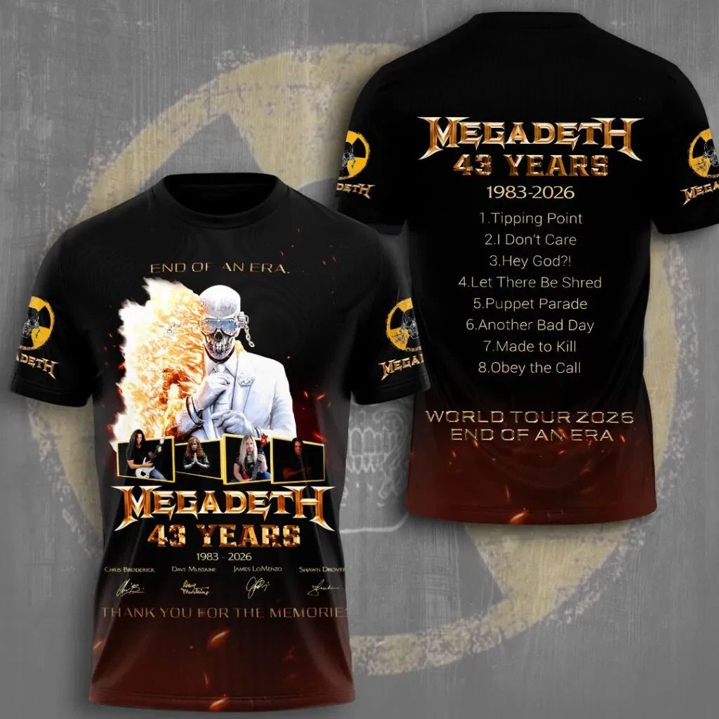 Megadeth 43 Years 1983-2026 World Tour 2026 End Of An Era TX 3D T-Shirt Unisex T-shirt, Sweatshirt, Hoodie, Long Sleeve Tee - T-Shirt, Sweatshirt, Hoodie