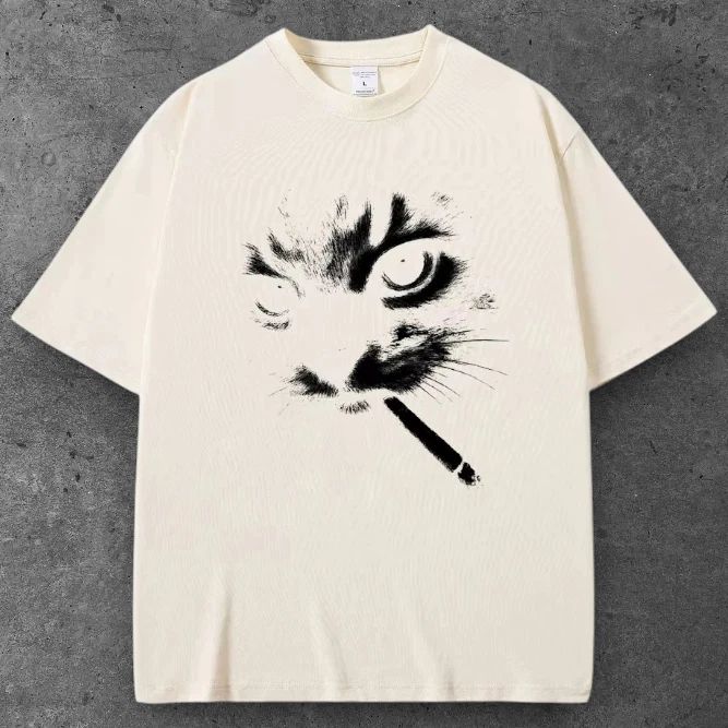 Unisex Cat Cigarette Oversized T Shirt Cream Y2K Casual Streetwear S-2XL Unisex T-shirt, Sweatshirt, Hoodie, Long Sleeve Tee - T-Shirt, Sweatshirt, Hoodie