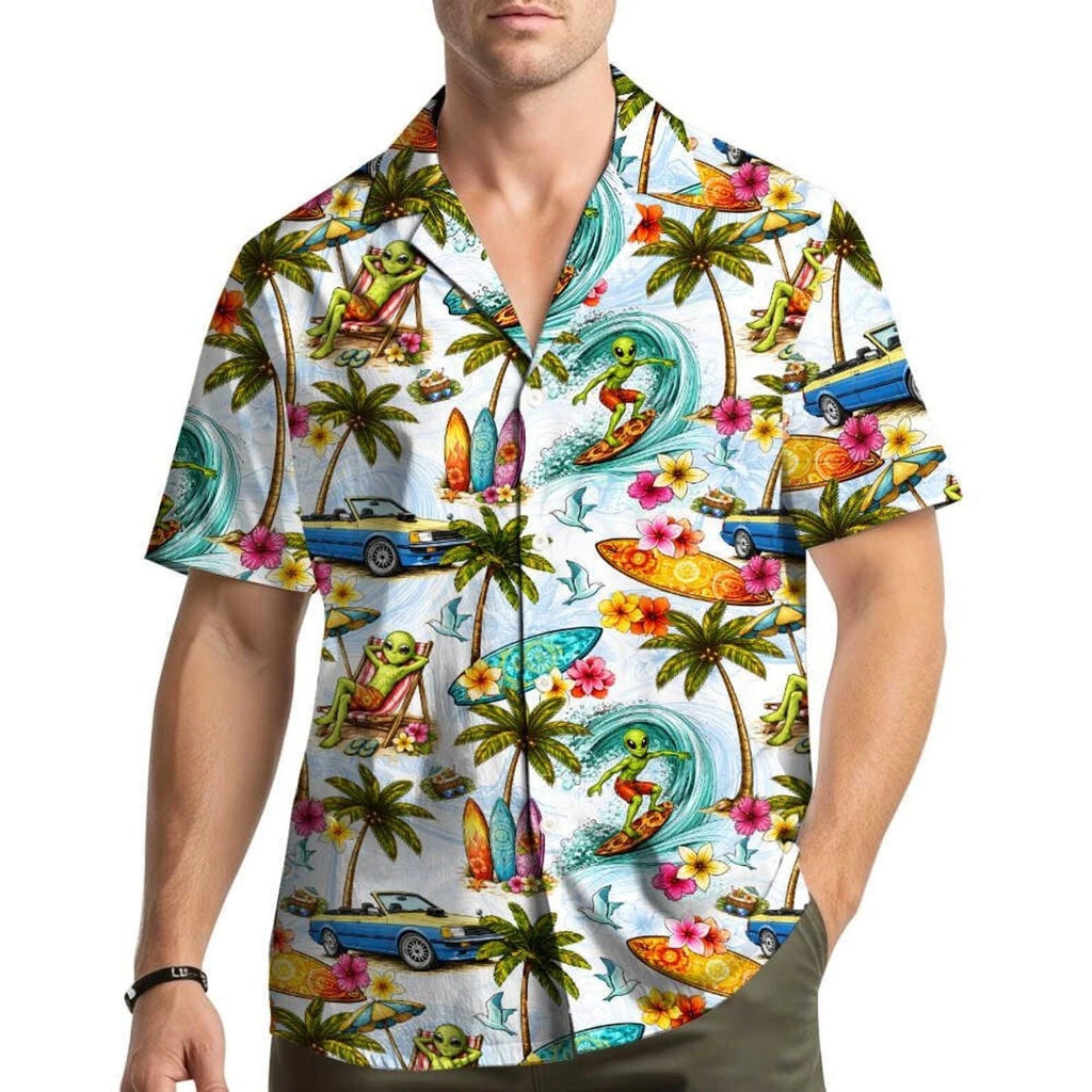Surfing Alien Hawaiian Shirt Funny Surfer Aloha Beach Summer Button Down Unisex Unisex T-shirt, Sweatshirt, Hoodie, Long Sleeve Tee - T-Shirt, Sweatshirt, Hoodie