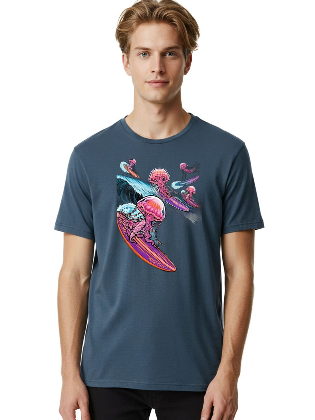 Jellyfish-Surfing Mens Graphic Tee, 100% Cotton, Casual Summer Wear Unisex T-shirt, Sweatshirt, Hoodie, Long Sleeve Tee - T-Shirt, Sweatshirt, Hoodie