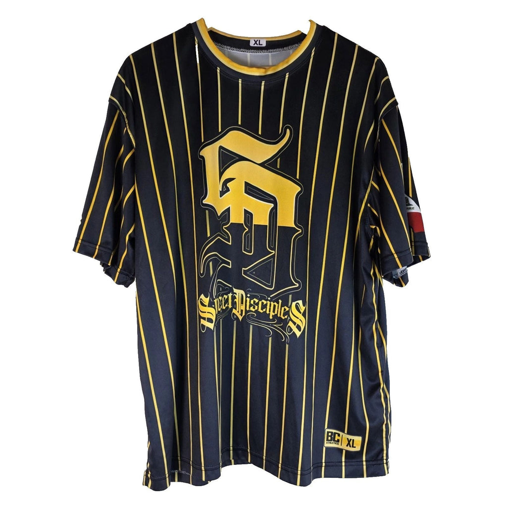 Oversized XL BGI Athletic Street Disciples Jersey Pinstripe Gold Black Y2K Mateo Unisex T-shirt, Sweatshirt, Hoodie, Long Sleeve Tee - T-Shirt, Sweatshirt, Hoodie