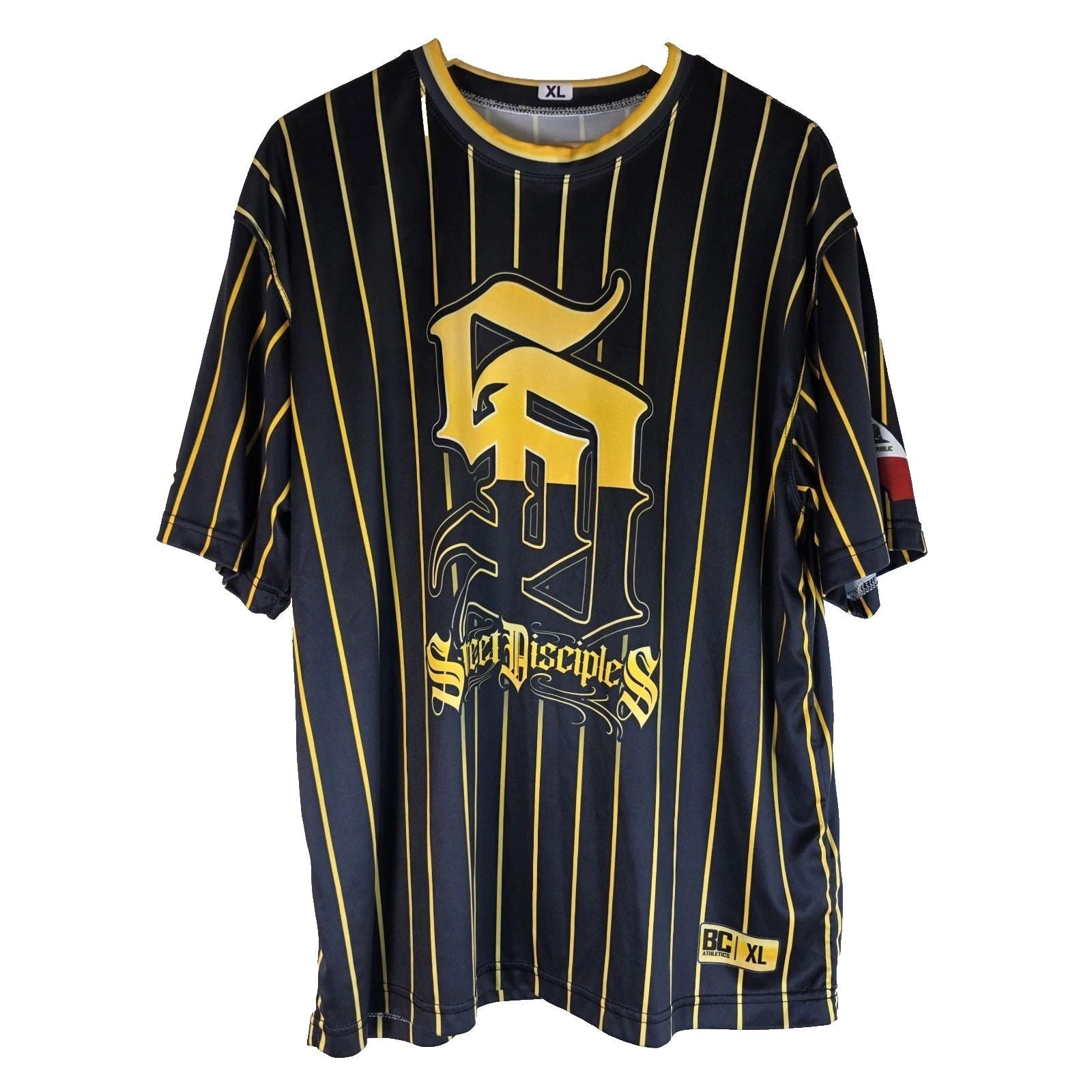 Oversized XL BGI Athletic Street Disciples Jersey Pinstripe Gold Black Y2K Mateo Unisex T-shirt, Sweatshirt, Hoodie, Long Sleeve Tee - T-Shirt, Sweatshirt, Hoodie