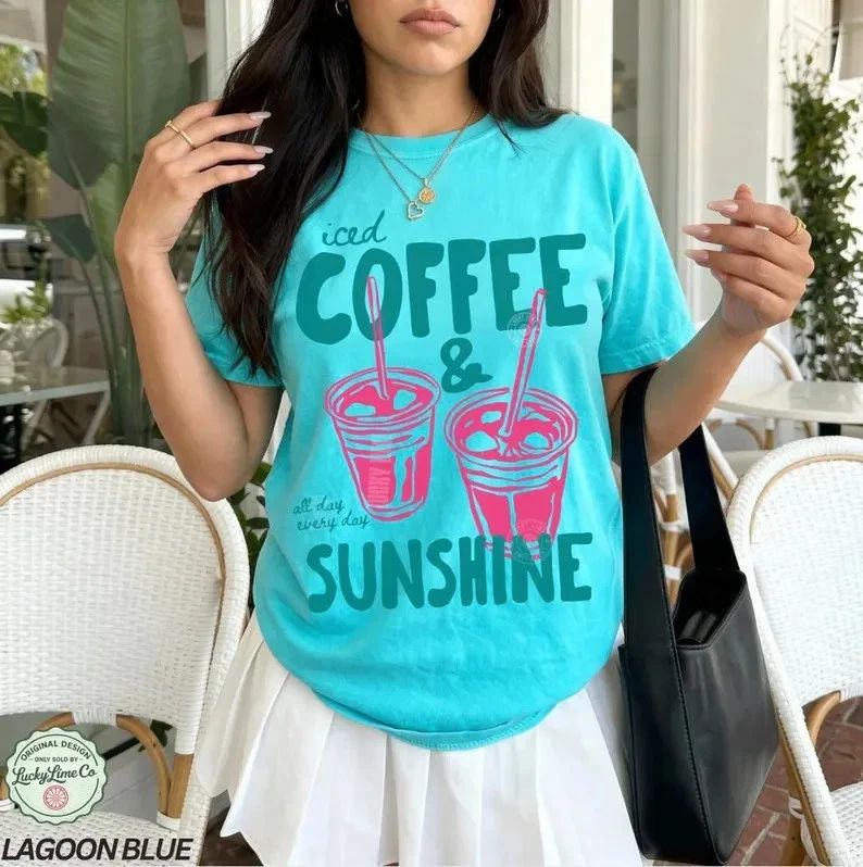 Iced Coffee & Sunshine shirt, coffee lover gift, summer graphic tee, Comfort Col Unisex T-shirt, Sweatshirt, Hoodie, Long Sleeve Tee - T-Shirt, Sweatshirt, Hoodie
