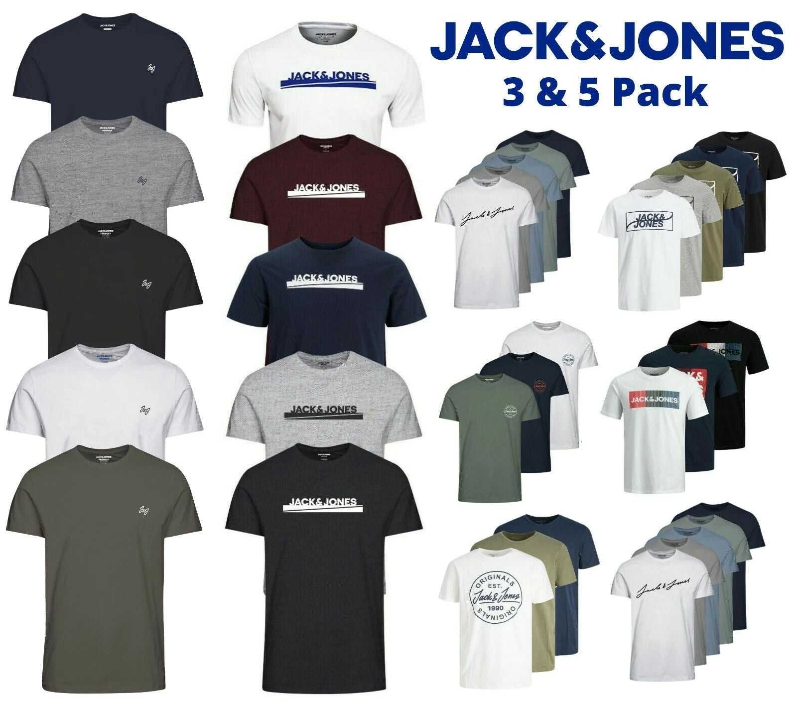 Mens 3 & 5 Multi Pack Jack Jones Tee Plain Logo Branded Cotton T-shirt Top S-2XL Unisex T-shirt, Sweatshirt, Hoodie, Long Sleeve Tee - T-Shirt, Sweatshirt, Hoodie