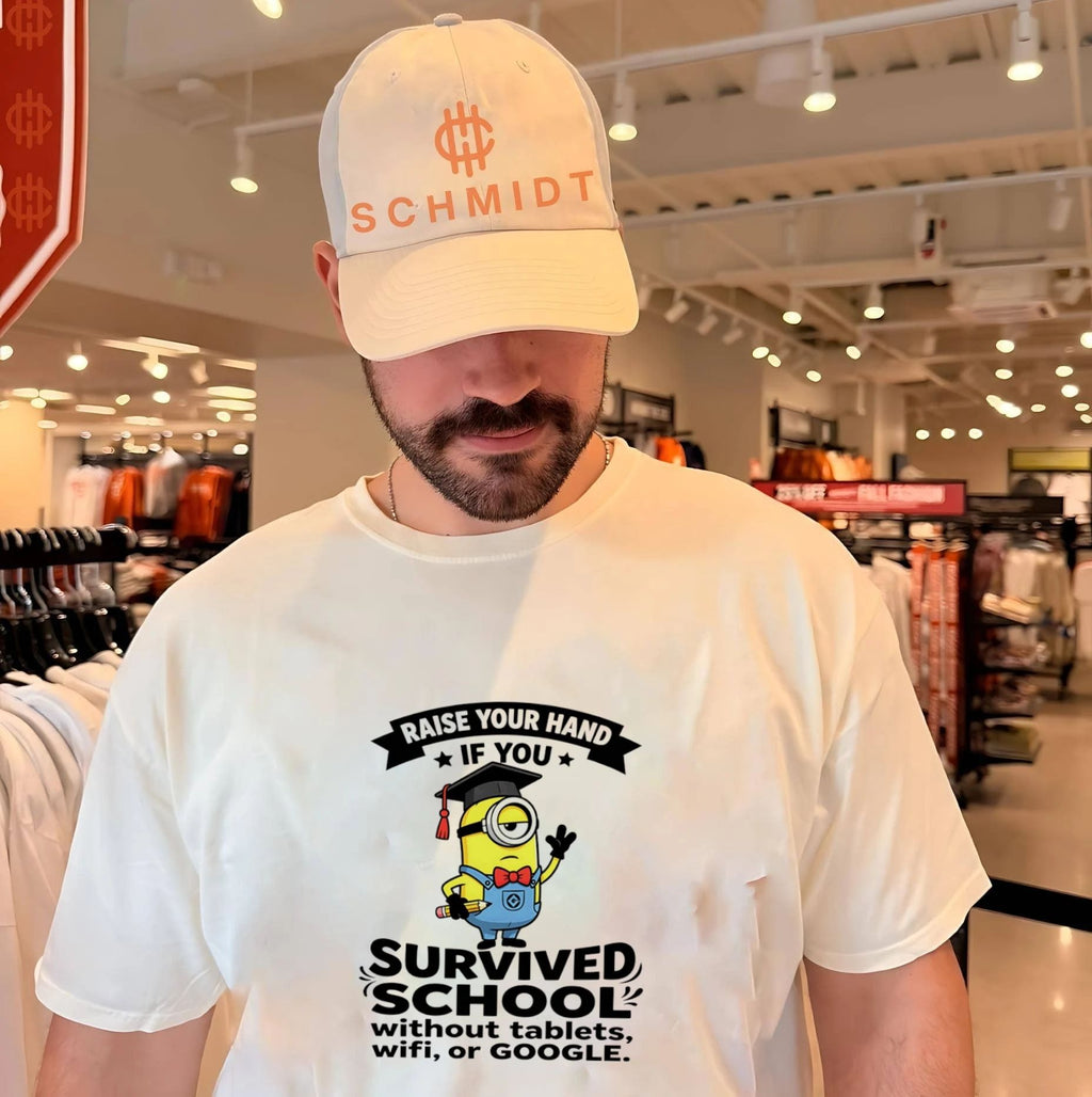 Minion Raise your hand if you survived school without tablets wifi or google shirt Unisex T-shirt, Sweatshirt, Hoodie, Long Sleeve Tee - T-Shirt, Sweatshirt, Hoodie