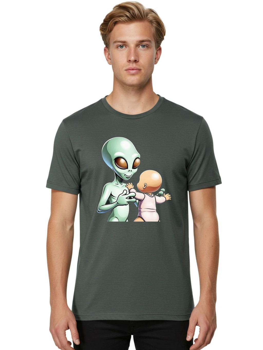 Alien-Holding-Baby Mens Graphic Tee, 100% Cotton, Casual Summer Wear Unisex T-shirt, Sweatshirt, Hoodie, Long Sleeve Tee - T-Shirt, Sweatshirt, Hoodie