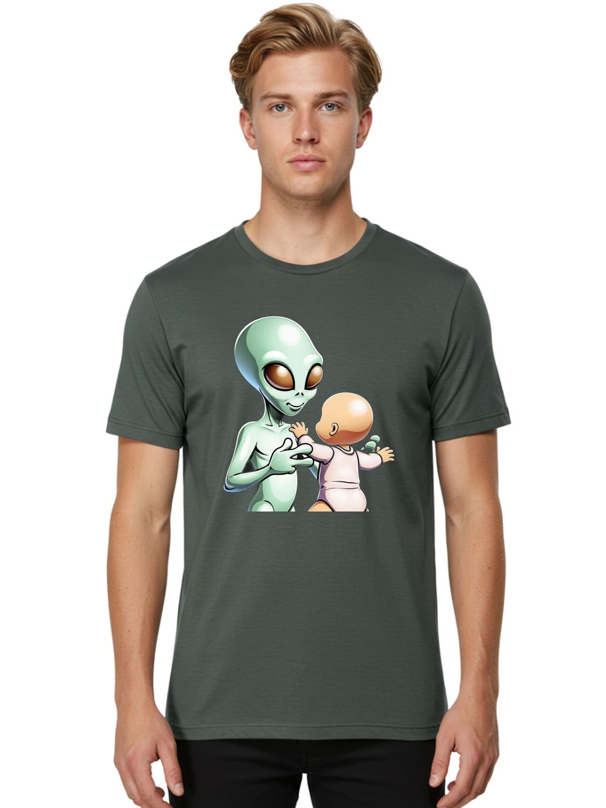 Alien-Holding-Baby Mens Graphic Tee, 100% Cotton, Casual Summer Wear Unisex T-shirt, Sweatshirt, Hoodie, Long Sleeve Tee - T-Shirt, Sweatshirt, Hoodie