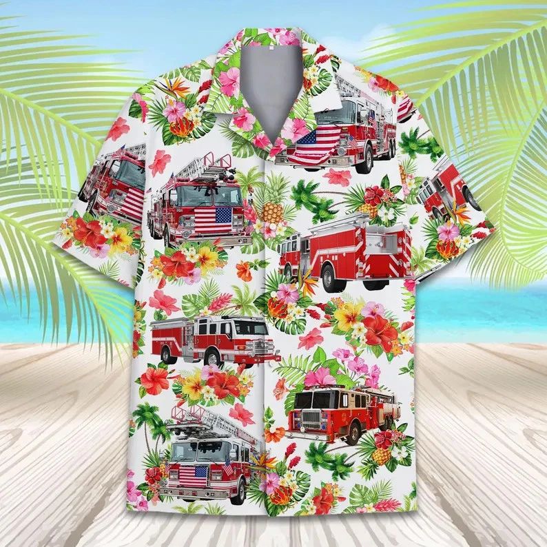 Fire Truck Hawaiian Shirt Men Women Aloha Beach Summer Vacation Gift Top Unisex T-shirt, Sweatshirt, Hoodie, Long Sleeve Tee - T-Shirt, Sweatshirt, Hoodie