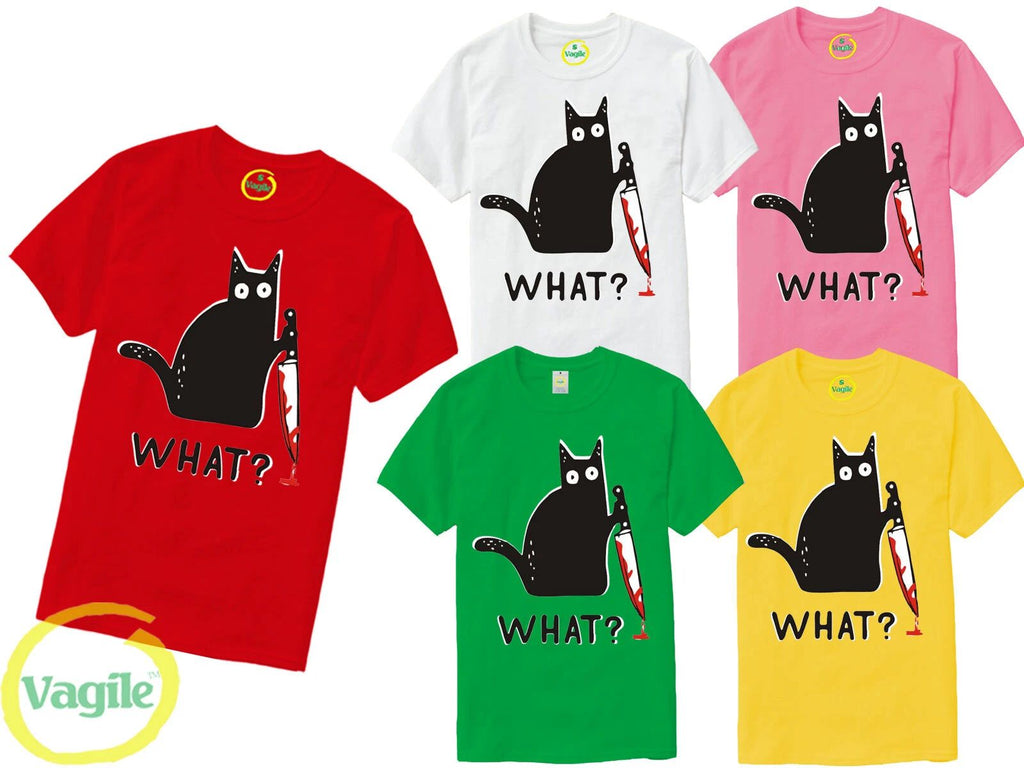 HALLOWEEN CAT WITH KNIFE WHAT PRINT MURDEROUS CAT FUNNY PARTY UNISEX T-SHIRT TEE Unisex T-shirt, Sweatshirt, Hoodie, Long Sleeve Tee - T-Shirt, Sweatshirt, Hoodie