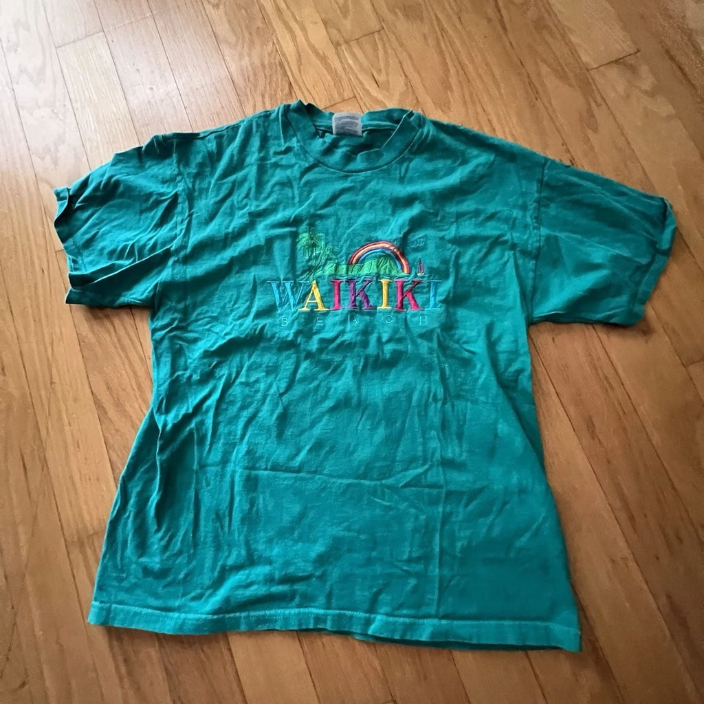 Vintage Large 90s Waikiki Hawaii Shirt Oneita USA Surf Embroidered Palm Rainbow Unisex T-shirt, Sweatshirt, Hoodie, Long Sleeve Tee - T-Shirt, Sweatshirt, Hoodie