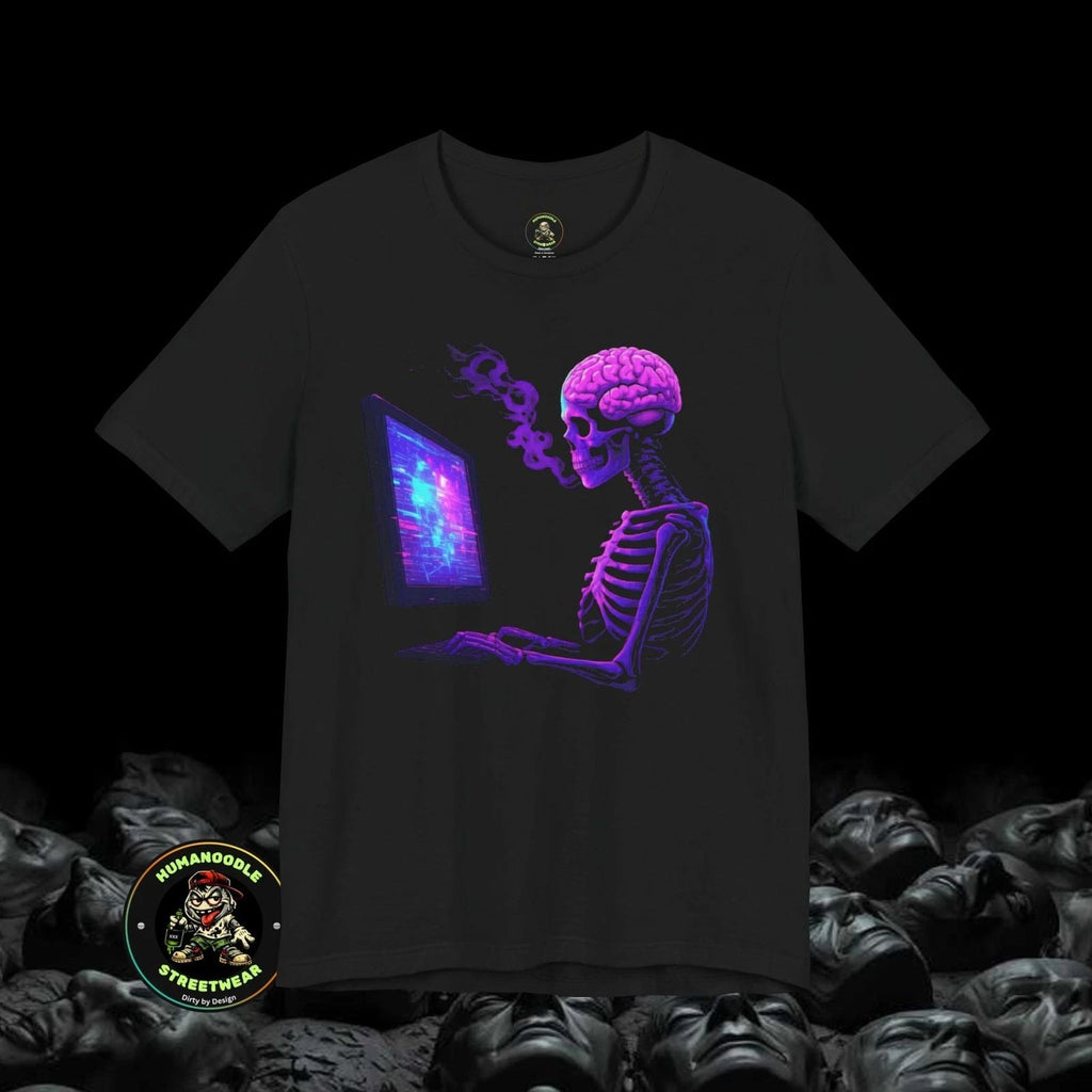 Neon Cyber Skull Skeleton at Computer Tee | Vaporwave Tech Shirt Unisex T-shirt, Sweatshirt, Hoodie, Long Sleeve Tee - T-Shirt, Sweatshirt, Hoodie