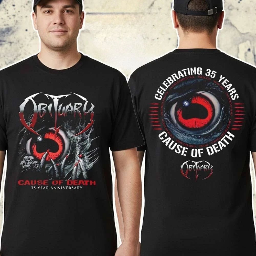 Obituary Cause Of Death Merch Tee Celebrating 35th Anniversary T-Shirt Unisex T-shirt, Sweatshirt, Hoodie, Long Sleeve Tee - T-Shirt, Sweatshirt, Hoodie