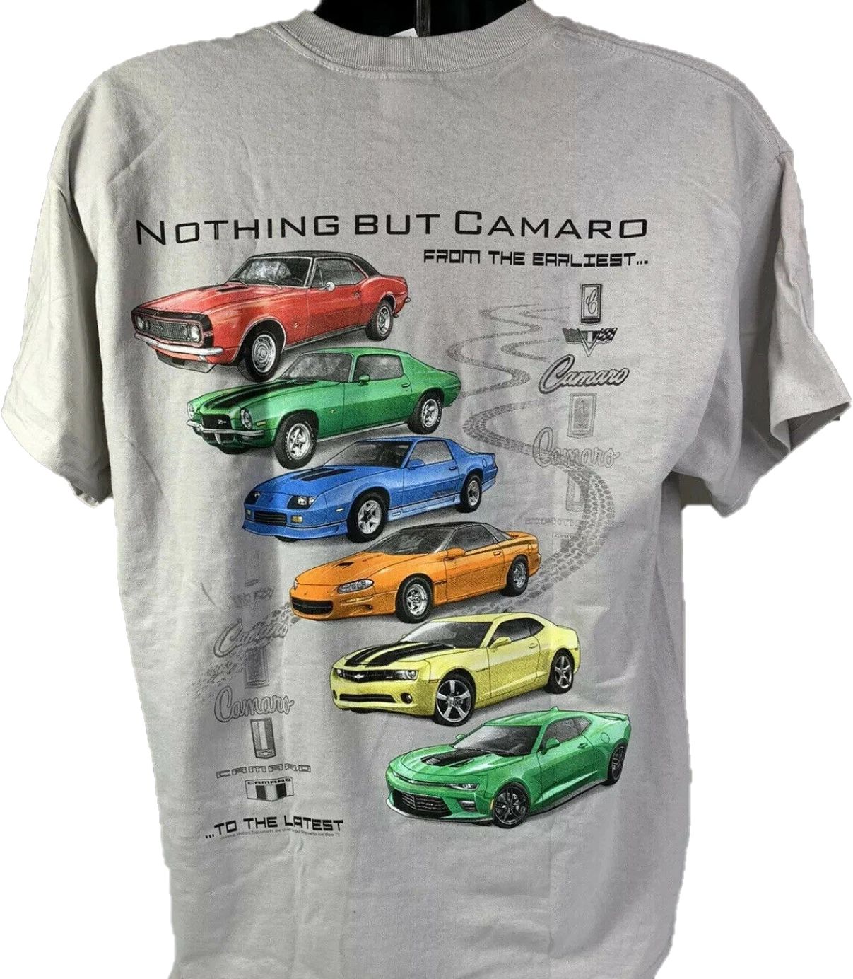 Chevy Camaro T-Shirt - Light Gray w/ Six Generations of Cars & Emblems Unisex T-shirt, Sweatshirt, Hoodie, Long Sleeve Tee - T-Shirt, Sweatshirt, Hoodie