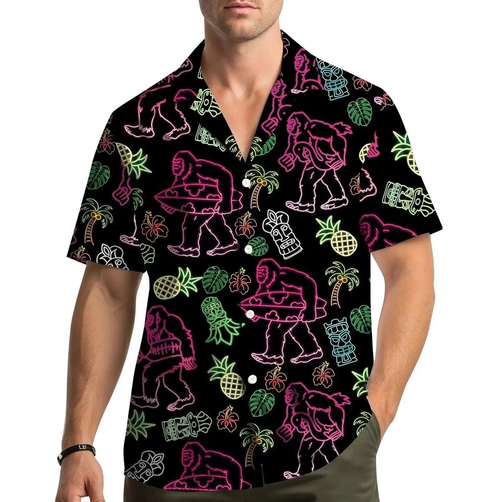 Surfing Bigfoot Hawaiian Shirt Neon Sasquatch Tropical Luau Button Up Men Women Unisex T-shirt, Sweatshirt, Hoodie, Long Sleeve Tee - T-Shirt, Sweatshirt, Hoodie
