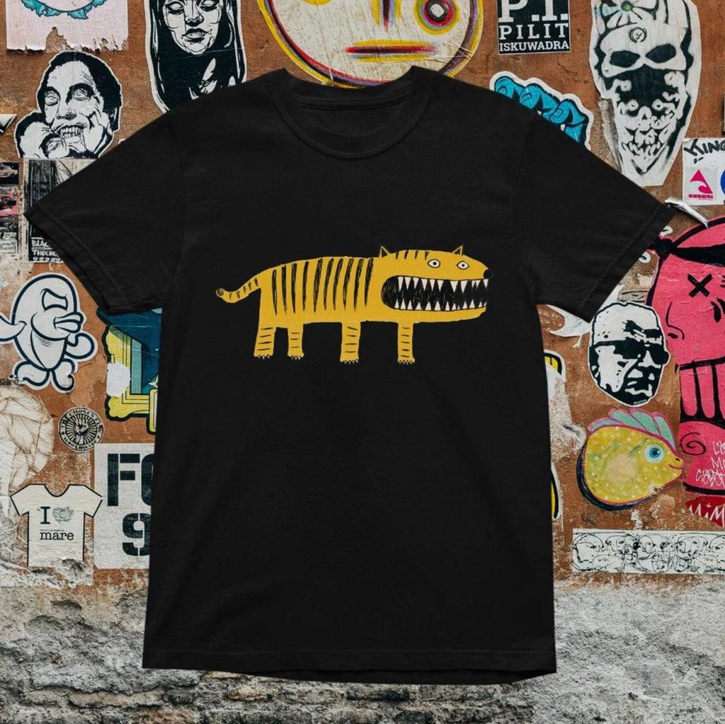 Yellow Tiger Cartoon Graphic T-Shirt Black Funny Teeth Design Street Art Style Unisex T-shirt, Sweatshirt, Hoodie, Long Sleeve Tee - T-Shirt, Sweatshirt, Hoodie