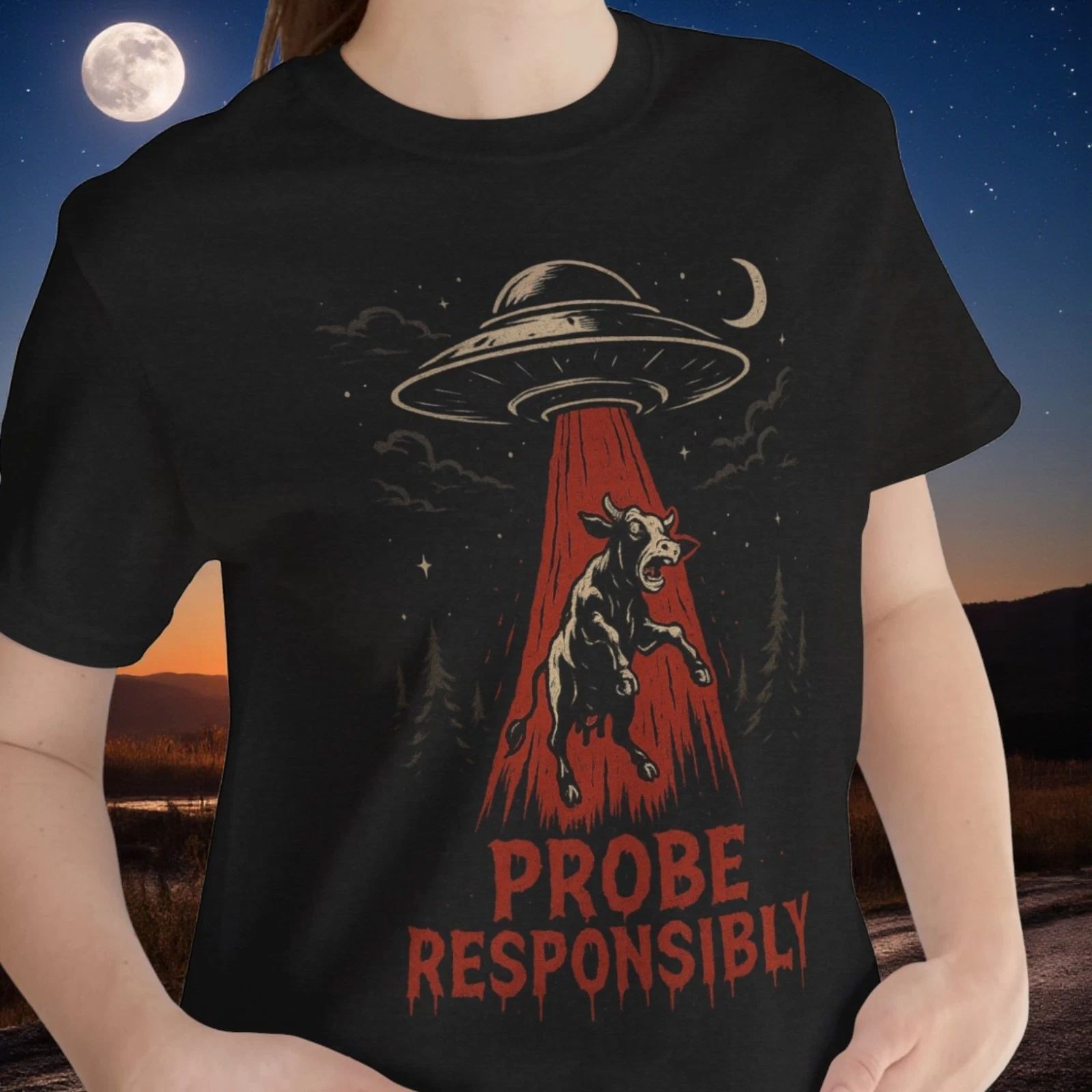 Funny UFO abducting a cow T-Shirt, "Probe Responsibly", UFO UAP Sci Fi Tee Unisex T-shirt, Sweatshirt, Hoodie, Long Sleeve Tee - T-Shirt, Sweatshirt, Hoodie