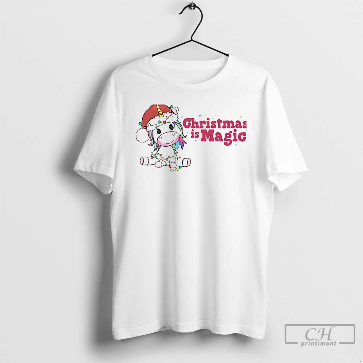 Classic Christmas Is Magic Unicorn Lights Pink Holiday White T Shirts Unisex T-shirt, Sweatshirt, Hoodie, Long Sleeve Tee - T-Shirt, Sweatshirt, Hoodie