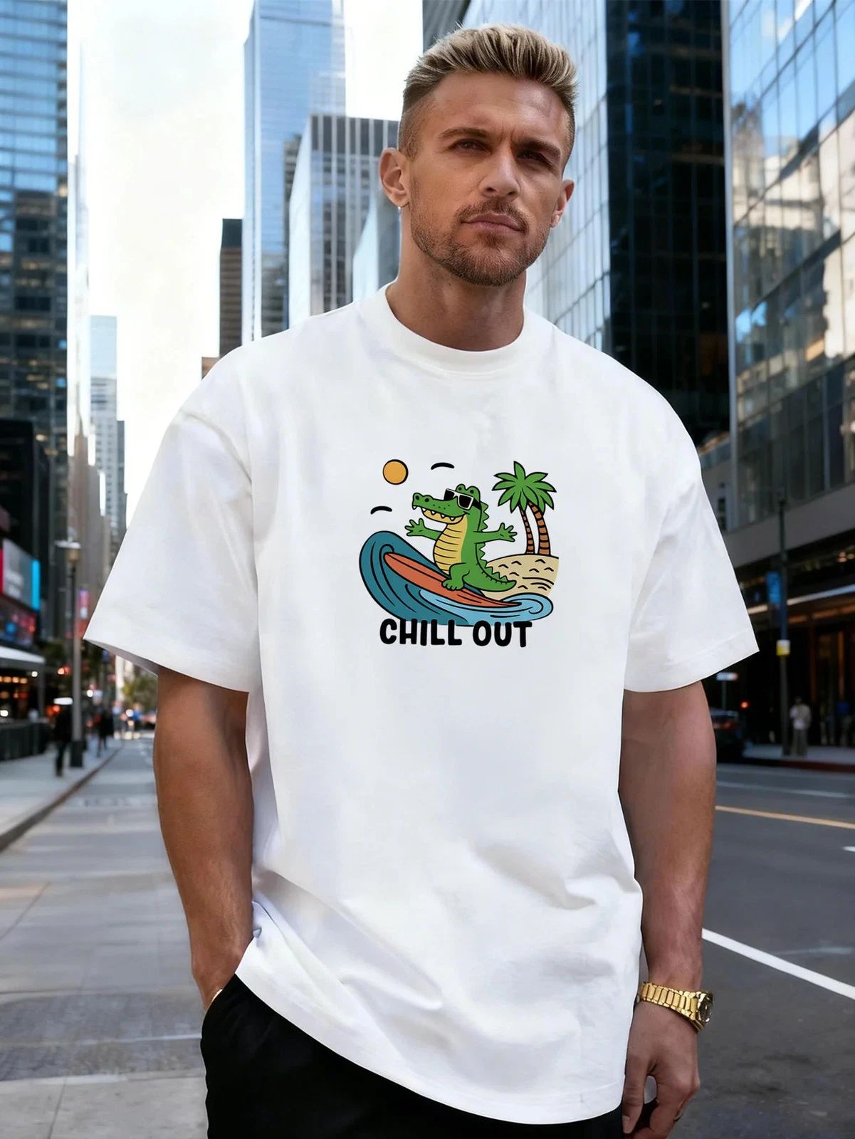 Surfing Alligator Graphic 100% Cotton Men's T-Shirt  for Daily Casual Wear Unisex T-shirt, Sweatshirt, Hoodie, Long Sleeve Tee - T-Shirt, Sweatshirt, Hoodie