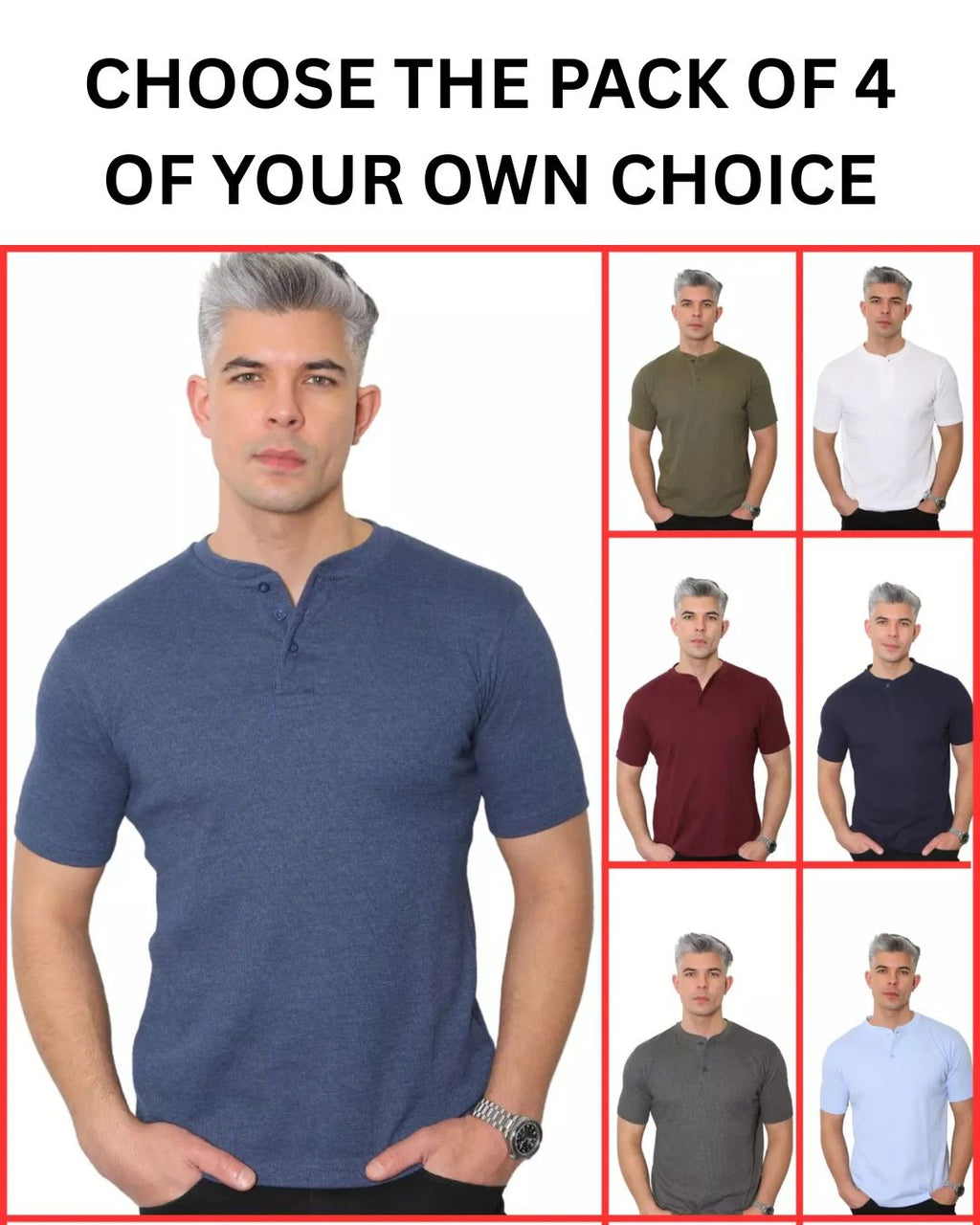 Mens Henley T-shirt Plain Waffle Knit Casual Thin Top - Pack of 4 (2310) Unisex T-shirt, Sweatshirt, Hoodie, Long Sleeve Tee - T-Shirt, Sweatshirt, Hoodie