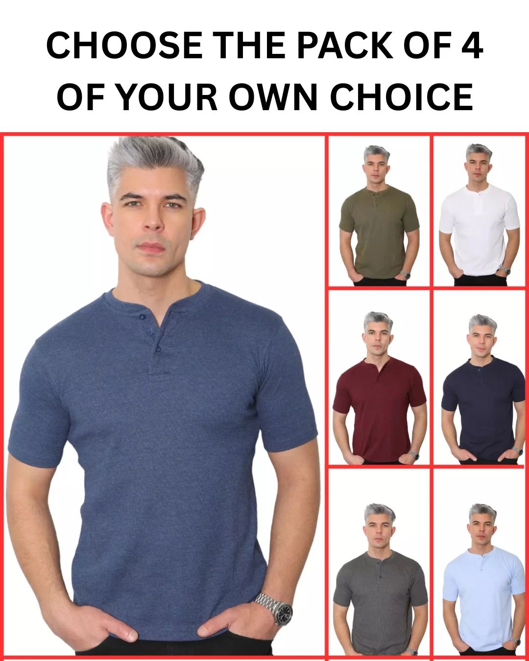 Mens Henley T-shirt Plain Waffle Knit Casual Thin Top - Pack of 4 (2310) Unisex T-shirt, Sweatshirt, Hoodie, Long Sleeve Tee - T-Shirt, Sweatshirt, Hoodie