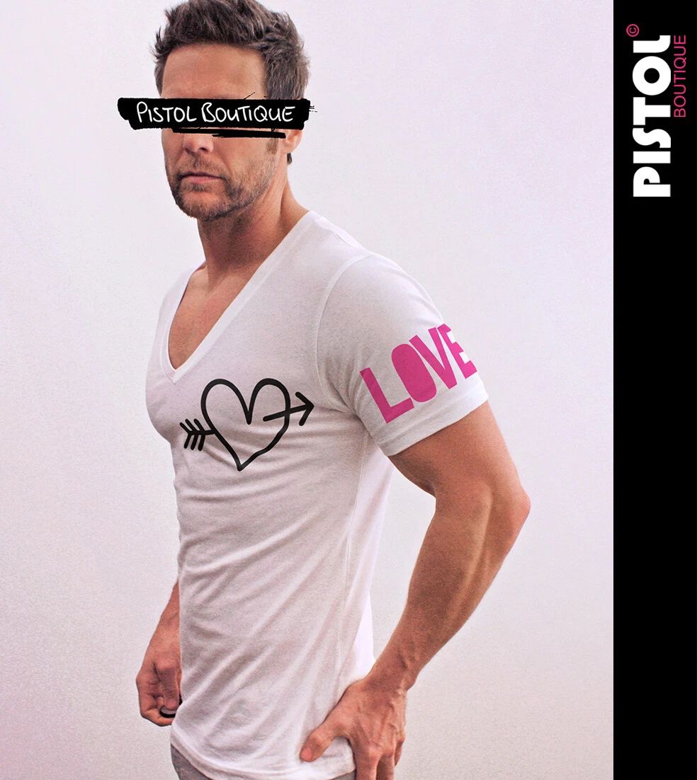 Pistol Boutique Men's Fitted White Deep V neck LOVE Sleeve ARROW HEART T-shirt Unisex T-shirt, Sweatshirt, Hoodie, Long Sleeve Tee - T-Shirt, Sweatshirt, Hoodie