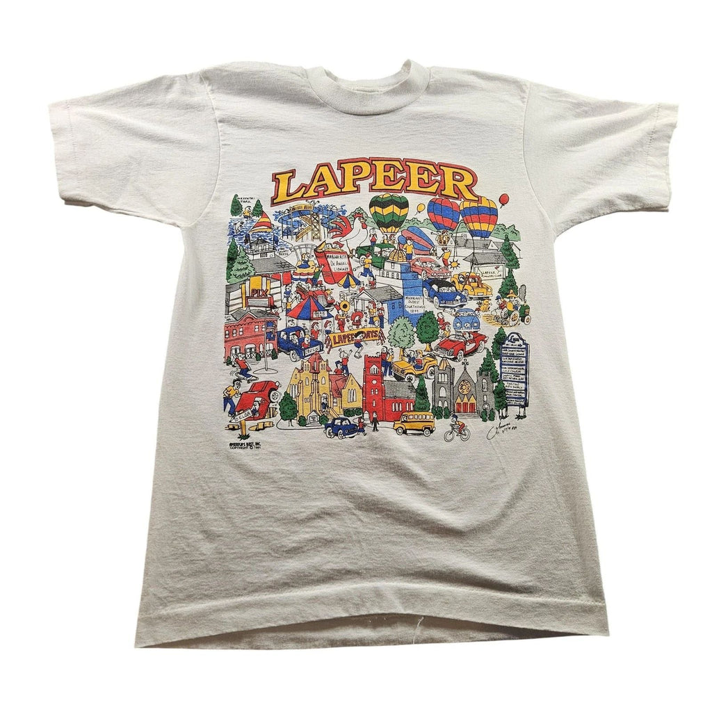 Vintage Lapeer Michigan Shirt Mens Medium White Cartoon Map Graphic USA 90s Unisex T-shirt, Sweatshirt, Hoodie, Long Sleeve Tee - T-Shirt, Sweatshirt, Hoodie