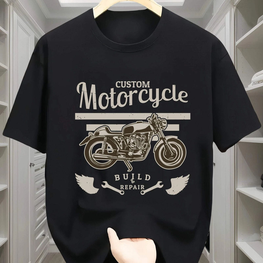 Casual Round Neck T-shirt With Motorcycle Pattern, Geometric Pattern, Short Slee Unisex T-shirt, Sweatshirt, Hoodie, Long Sleeve Tee - T-Shirt, Sweatshirt, Hoodie