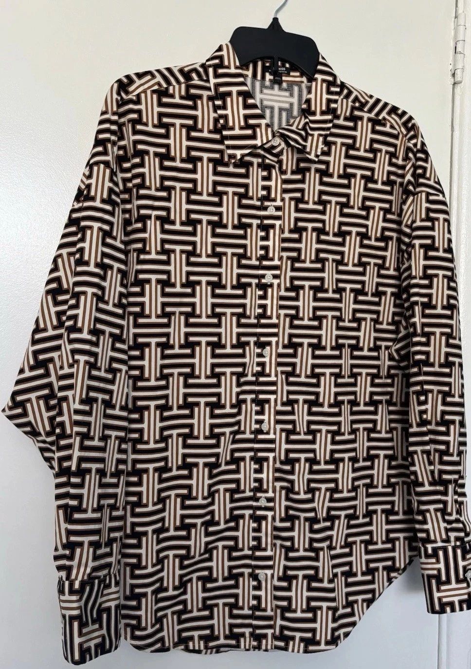 Express Boyfriend Geometric Button-Up Shirt Long Sleeve L 97% Cotton 3% Spandex Unisex T-shirt, Sweatshirt, Hoodie, Long Sleeve Tee - T-Shirt, Sweatshirt, Hoodie