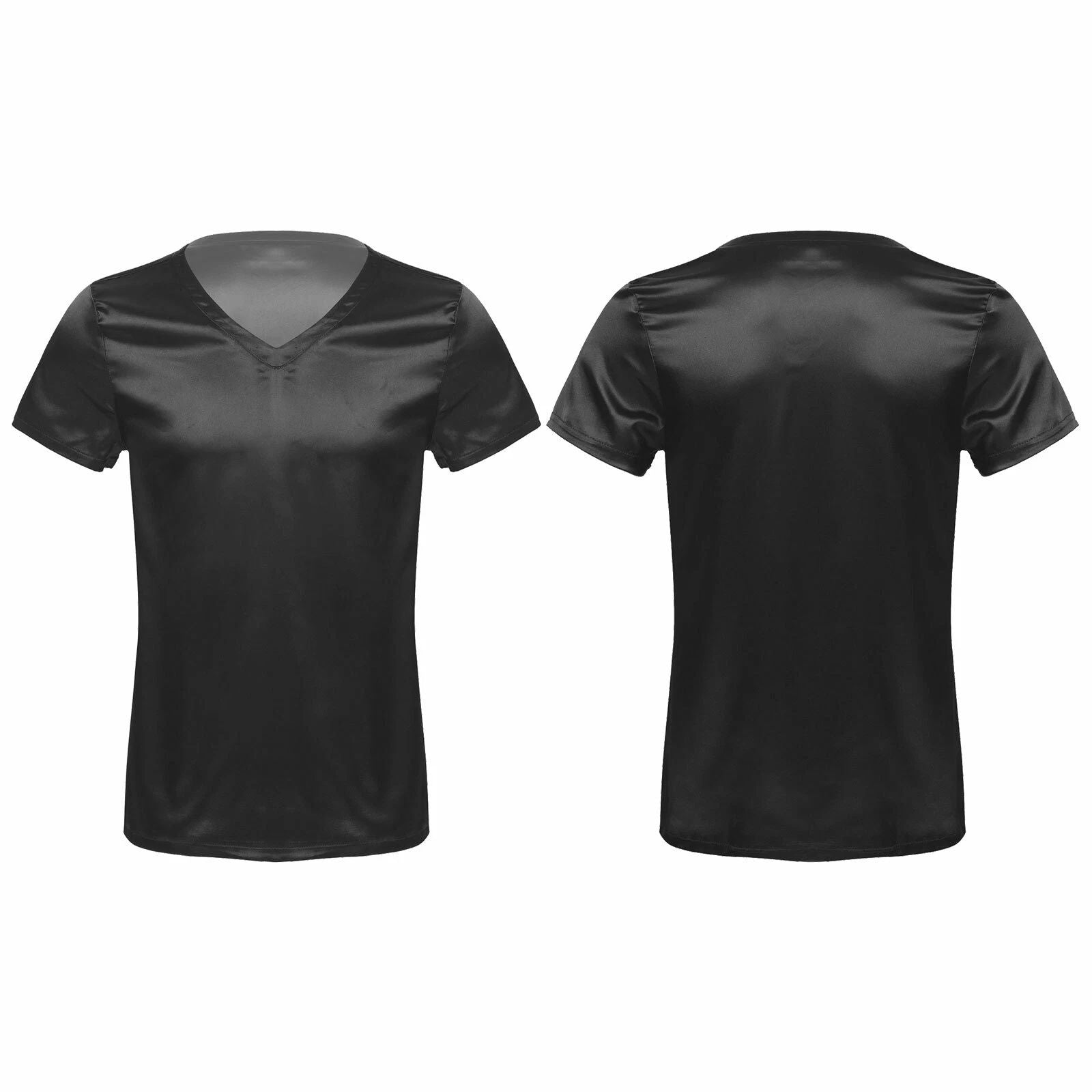 Men's Silk Satin Pajamas Satin V Neck T-Shirt Loose Short Sleeve Tops Nightwear Unisex T-shirt, Sweatshirt, Hoodie, Long Sleeve Tee - T-Shirt, Sweatshirt, Hoodie