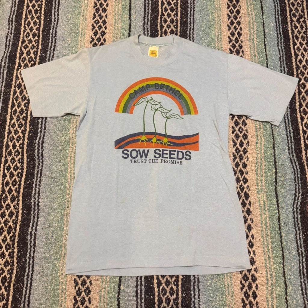 Vintage Velva Sheen Camp Bethel Sow Seeds T-Shirt Blue 80s Graphic Tee Mens M Unisex T-shirt, Sweatshirt, Hoodie, Long Sleeve Tee - T-Shirt, Sweatshirt, Hoodie
