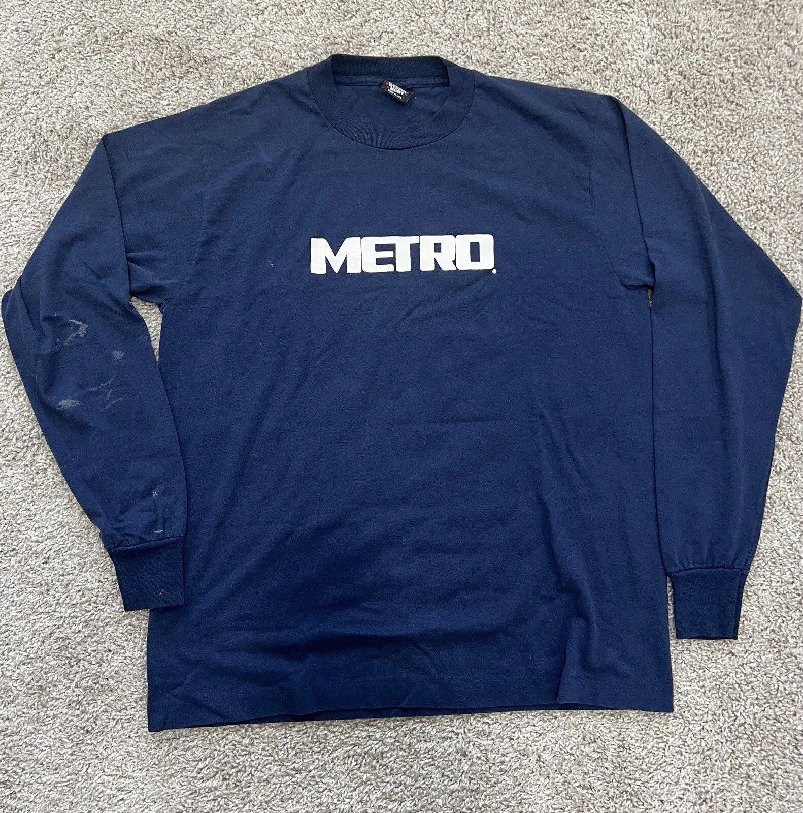 Vintage 90s Mens Long Sleeve Metro Shirt Navy Blue Grunge Street Style Unisex T-shirt, Sweatshirt, Hoodie, Long Sleeve Tee - T-Shirt, Sweatshirt, Hoodie